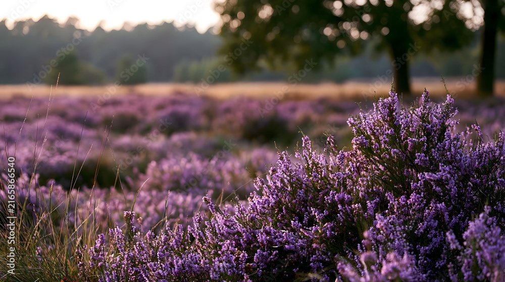Obraz premium A field of purple heather blooms under warm golden sunlight with trees in soft focus in the background