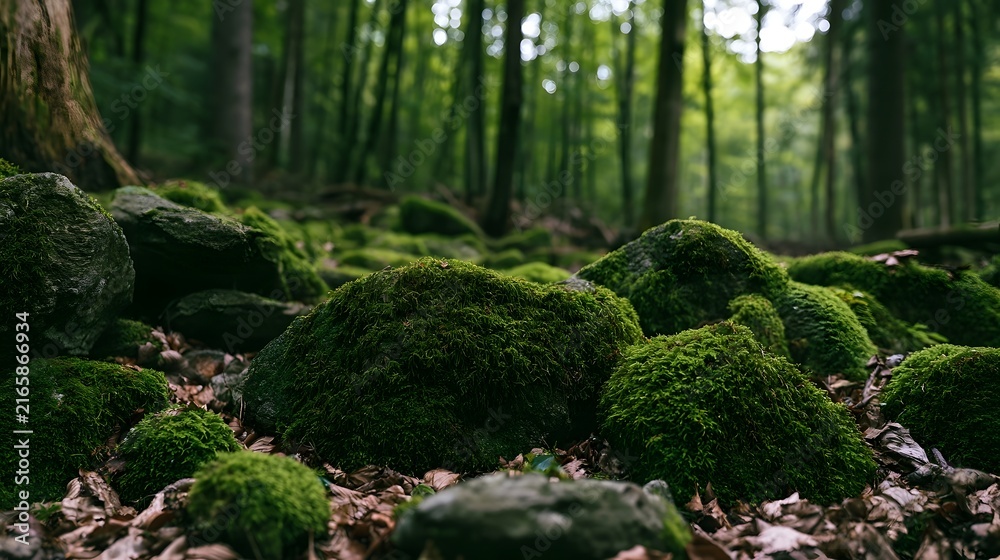 Fototapeta premium Moss covered rocks rest on a forest floor beneath tall trees surrounded by fallen leaves and soft natural light