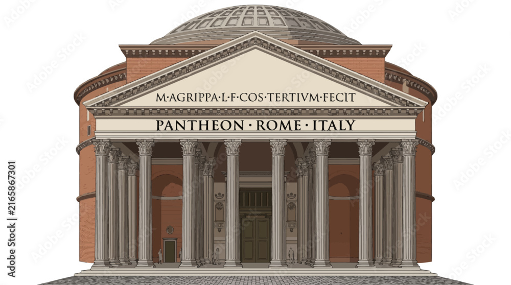 Obraz premium Very beautiful realistic vector of Pantheon, Rome, Italy, featuring monumental columns, classical Roman facade, massive dome, historic architectural details, PANTHEON • ROME • ITALY, isolated on white