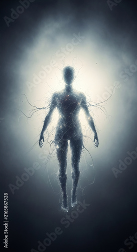 Ethereal Human Silhouette Floating in Glowing Mist