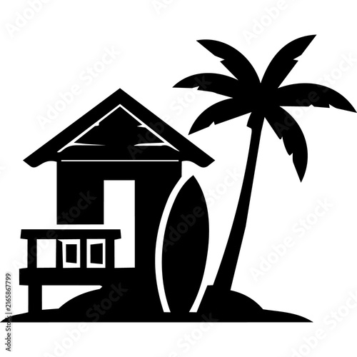 Tropical Beach Bungalow with Surfboard and Palm Tree Icon