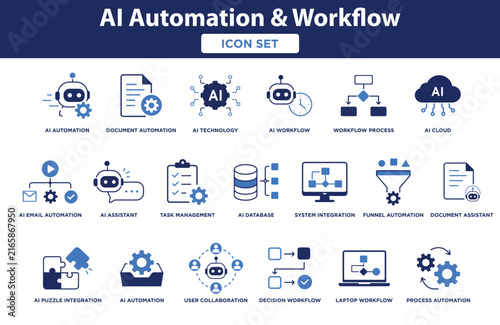 AI Automation and Workflow Icon Set – Business Process, Document Automation and Artificial Intelligence Symbols