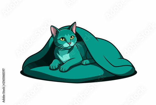 Teal Cat Resting Under Cozy Blanket.