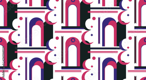 Modern Arabic Inspired Seamless Pattern with Crescent and Geometric Arches