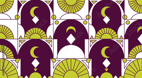 Decorative Islamic Seamless Pattern with Crescent Moon and Arch Geometry