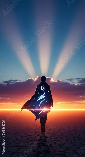 Silhouette of person in starry cloak facing sunset