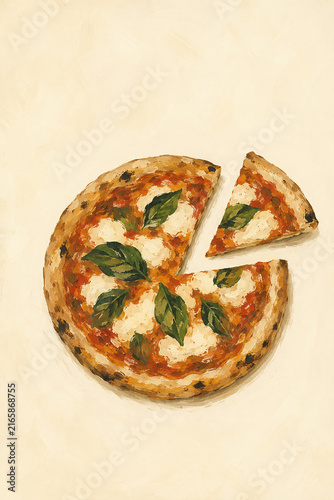 Margherita Pizza with Mozzarella and Fresh Basil Hand Painted Food Illustration