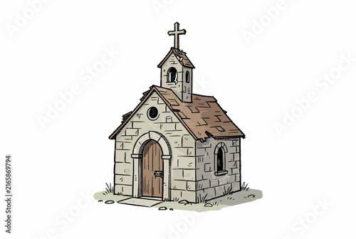 Small Stone Chapel Illustration with Arched Doorway.