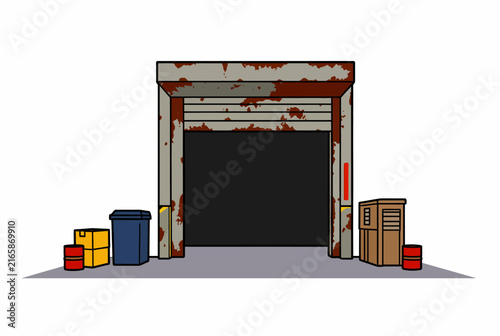 Weathered Garage Entrance With Open Doorway.