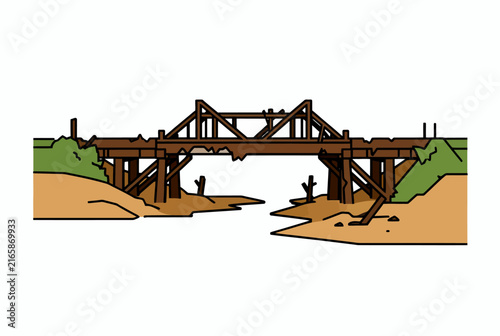 Wooden Bridge Over Canyon Illustration.