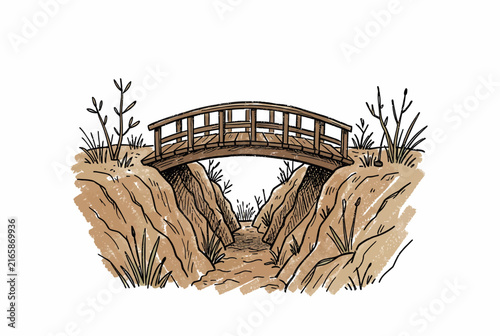 Wooden Bridge Spanning A Rocky Canyon.