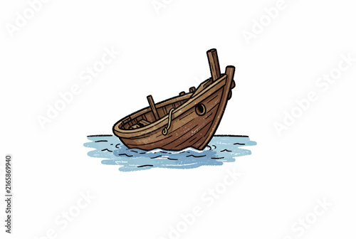 Wooden Rowboat Floating On Calm Water.