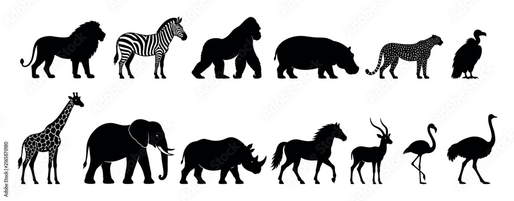 Naklejka premium Black silhouettes of African wild animals including lion, zebra, gorilla, hippopotamus, cheetah, giraffe, elephant, rhinoceros, antelope, flamingo, and ostrich
