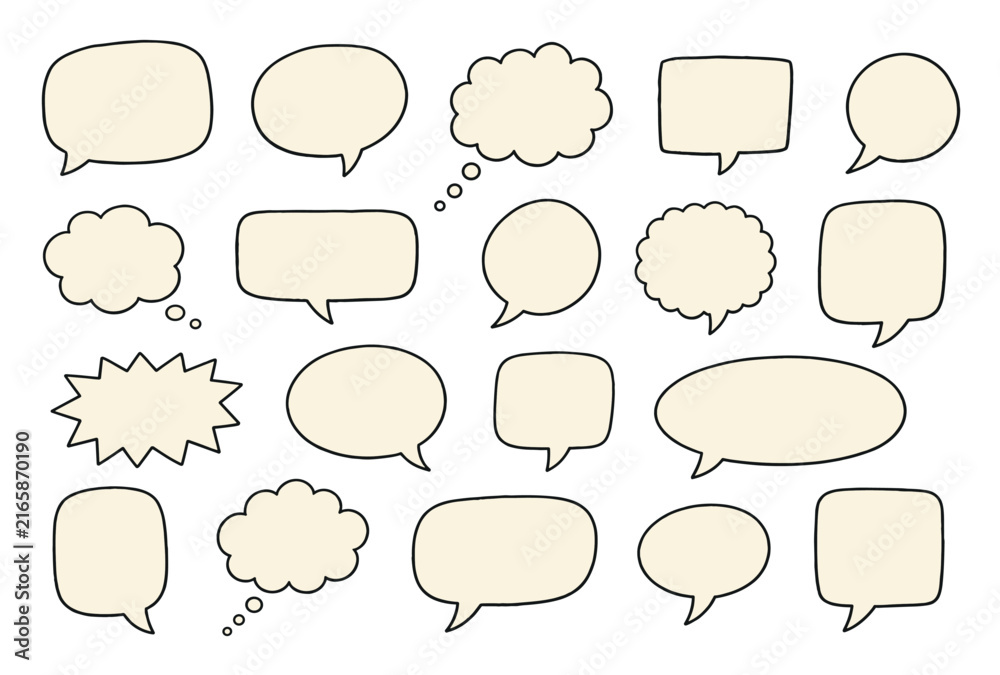 Fototapeta premium Hand drawn speech bubbles and thought clouds featuring a variety of shapes like circles, rectangles, and starbursts for comic books, dialogue, and graphic design elements