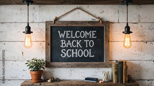 Welcome Back to School chalkboard sign on rustic wooden wall with vintage hanging lights