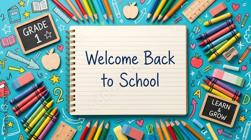 Welcome Back to School message on notebook with colorful stationery supplies on blue background