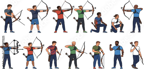 Bild auf Leinwand Archers Archer Character Poses Bow Arrow Shooting Aiming Target Vector Set