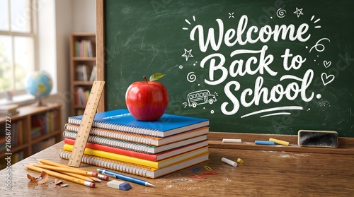 Welcome Back to School sign on chalkboard with stack of books and red apple on desk
