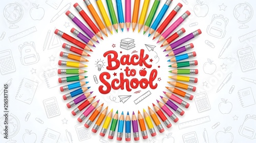 Back to School background with colorful pencils arranged in a circle frame
