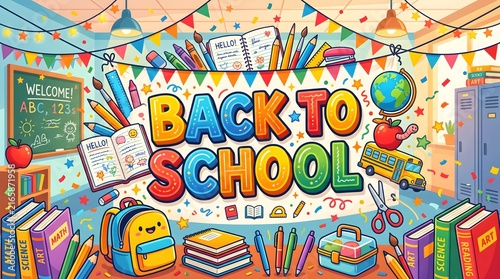 Back to School colorful illustration with classroom supplies and festive decorations