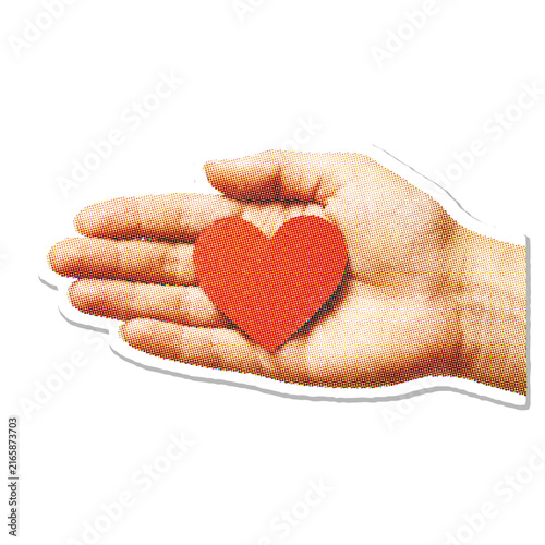 Human hand holding a red heart shape halftone vector illustration