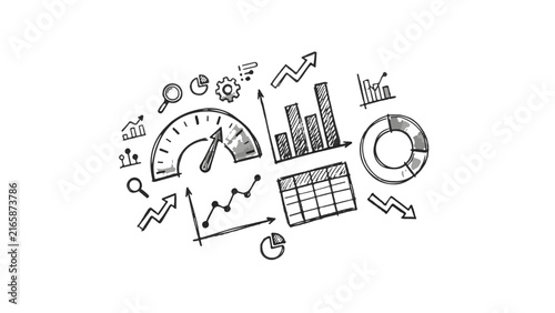 Hand-drawn style illustration featuring interconnected business analytics icons including charts, graphs, and clock elements.
