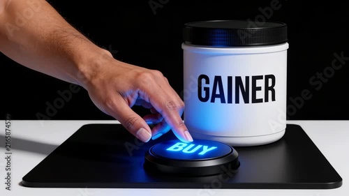 Close-up of a man's hand pressing a retail BUY button next to a large plastic tub of gainer powder. Instant online purchase and choosing the right premium bodybuilding supplement concept