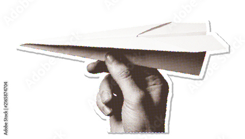 Hand holding paper plane flying halftone vector illustration