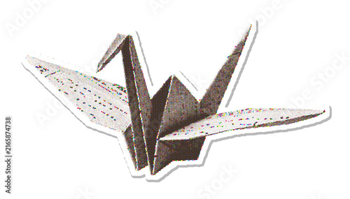 Origami crane paper bird with folded wings halftone vector illustratio