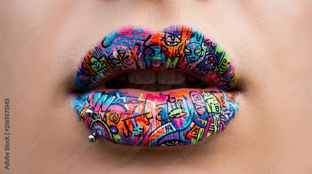 Obraz premium Woman lips with colorful graffiti art makeup and lip piercing