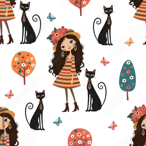 Seamless vector pattern featuring a fashionable girl, elegant black cats, decorative trees, butterflies and flowers. Ideal for fabric, textile, wallpaper, wrapping paper, stationery, accessories