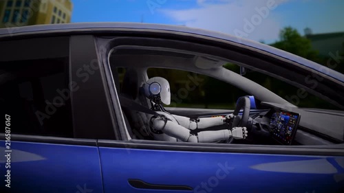 Robot driving electric car close up