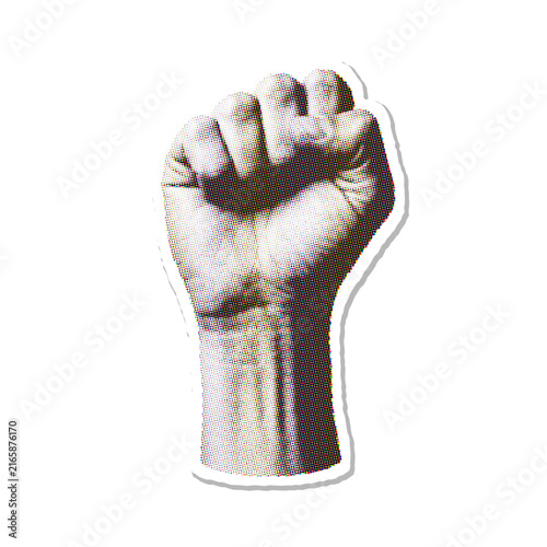 Raised human fist in halftone vector style symbolizing strength and so