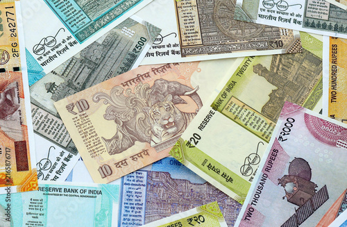 Indian rupee money banknotes pile on table. India bills of INR currency. Concept of economy