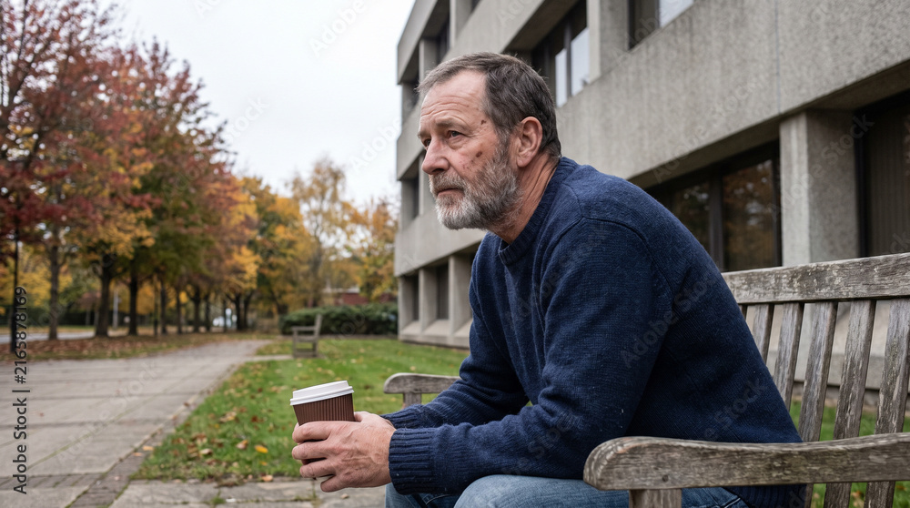 Obraz premium Mature man sitting alone on a bench outside an office building holding a coffee cup and looking into the distance