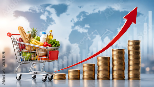 Shopping cart filled with groceries beside rising coin stacks and red arrow, illustrating food inflation, consumer prices, cost of living, and household expenses.