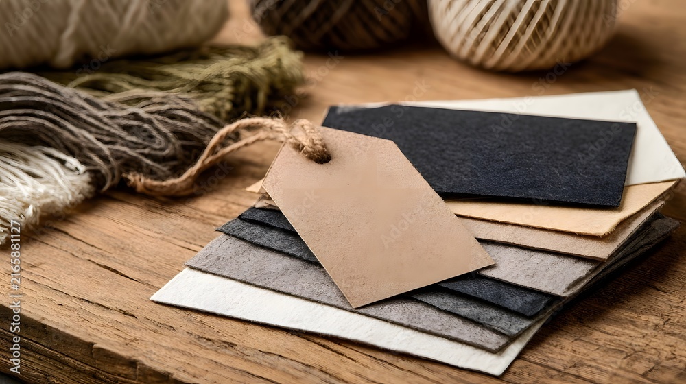 Fototapeta premium A stack of textured fabric swatches with a blank paper tag surrounded by yarn skeins on a rustic wooden surface