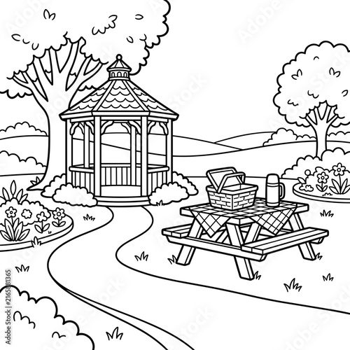 Coloring page for kids featuring a picnic scene in a park  