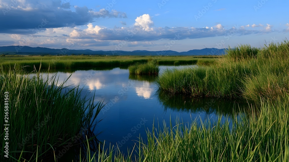 Naklejka premium A serene marsh landscape with tall green reeds calm water reflecting clouds and distant rolling hills under a partly cloudy sky