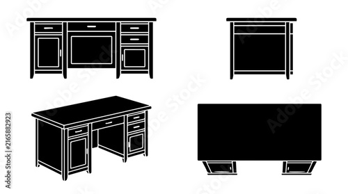 Executive Office Desk Silhouette Set Four Orthographic Views