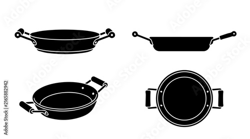 Four Angle Minimalist Black Paella Pan Silhouette Vector Icon Set