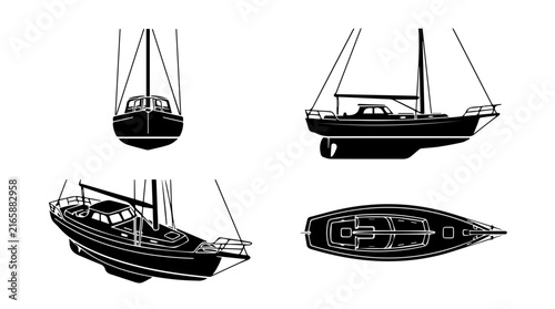 Four View Nautical Sailboat Vector Schematic Design Set