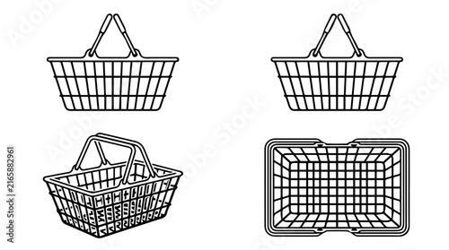 Four View Shopping Basket Outline Icons Set for E-commerce