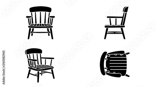 Four Views Silhouette Icon of Vintage Wooden Captains Armchair