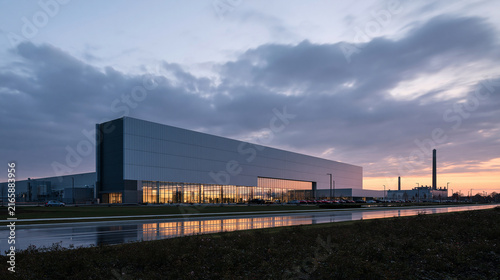 Modern Industrial Factory Building Exterior at Dusk