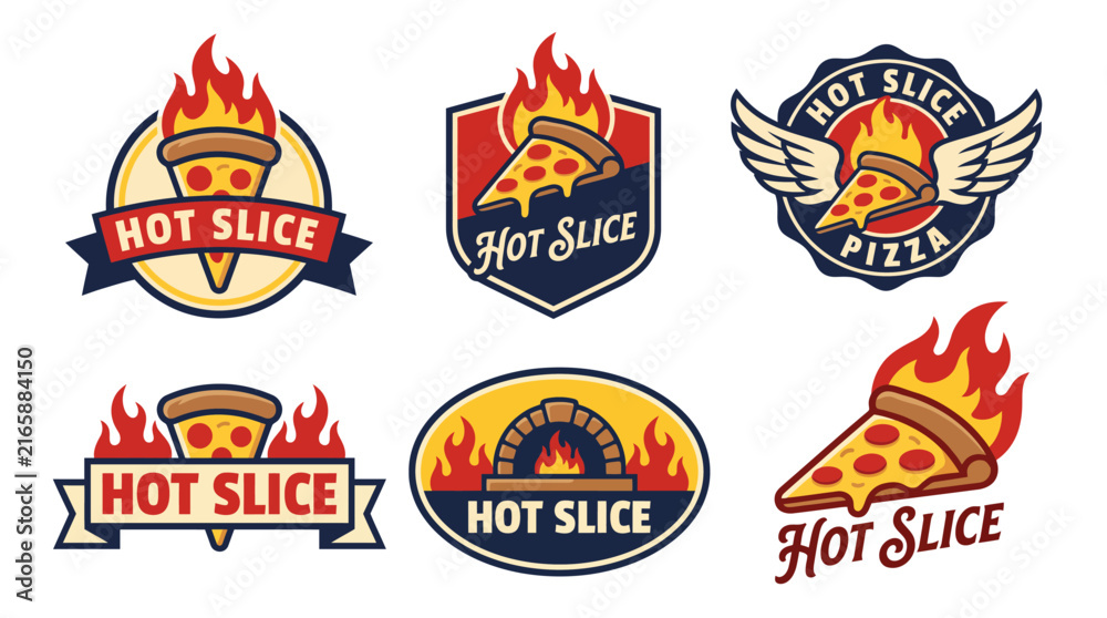 Naklejka premium This visually enticing collection of pizza logos features vibrant graphics around the concept of 'Hot Slice,' perfect for food-related branding and promotion.