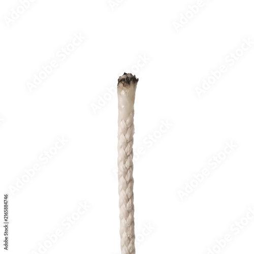 Burnt white synthetic rope tip showing scorched frayed nylon fibers with detailed braided texture against a clean isolated white background