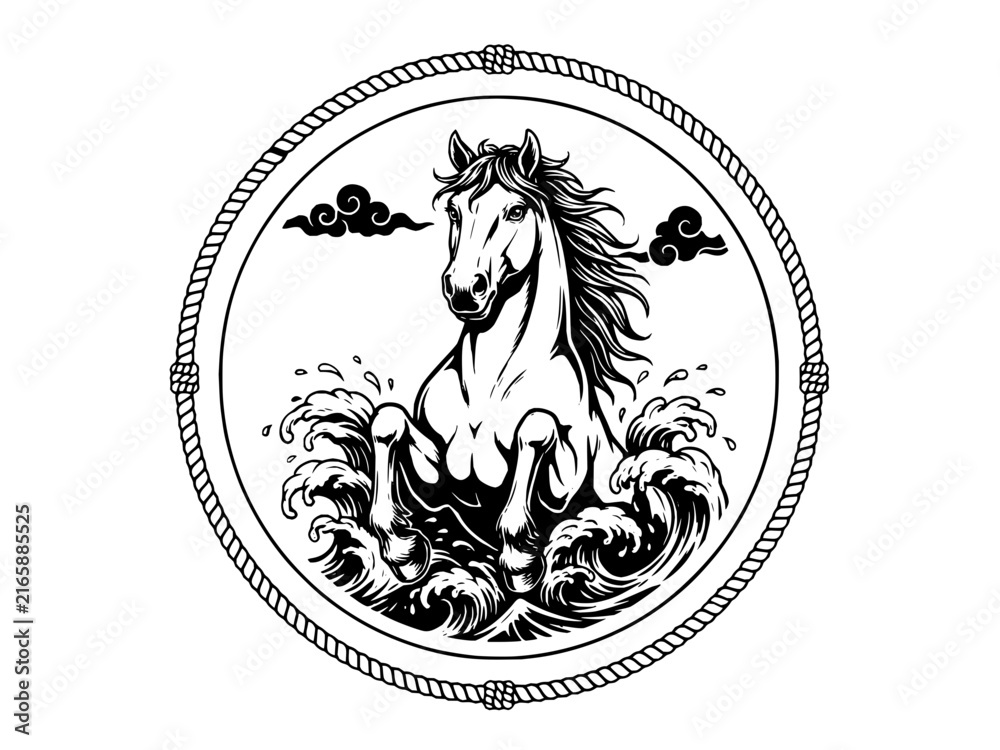 Fototapeta premium Circular rope frame emblem featuring a horse head and chest emerging from stylized ocean waves and clouds