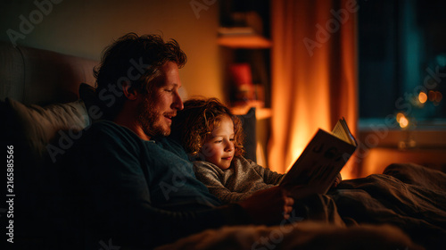 Father reading bedtime story with daughter