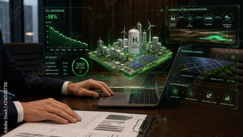 Energy consultant hands near laptop with floating 3D hydrogen plant and industrial decarbonization hologram